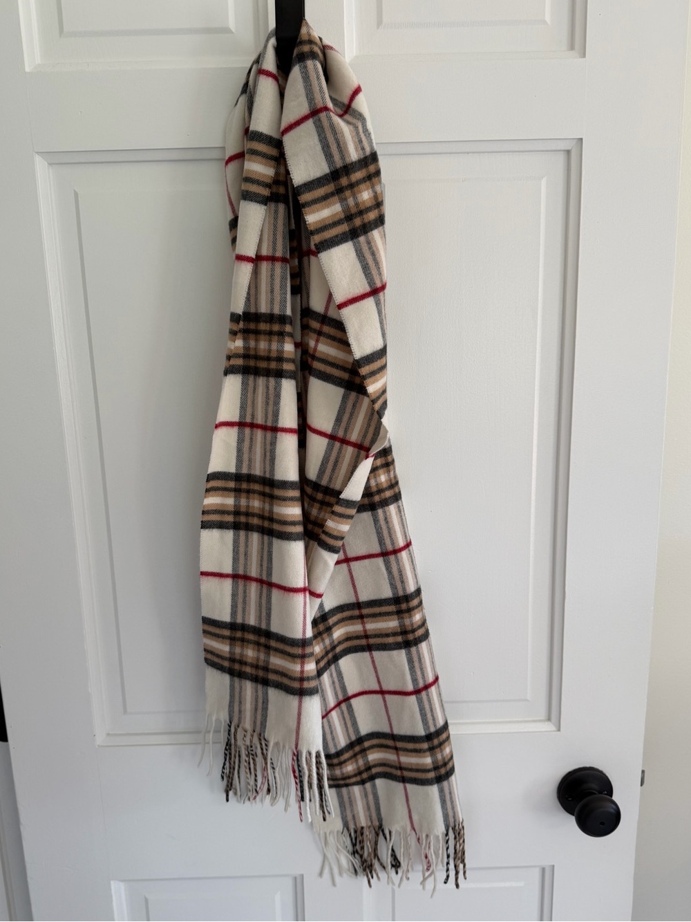 V. Fraas Cashmink Plaid Scarf Ivory Beige Black Red Polyester Fringe Germany